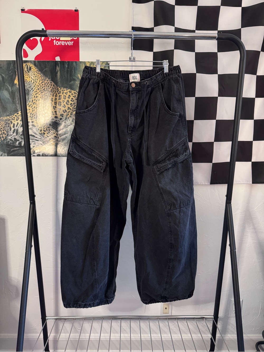 BDG black baggy cargo jeans with adjustable waistband and leg holes
